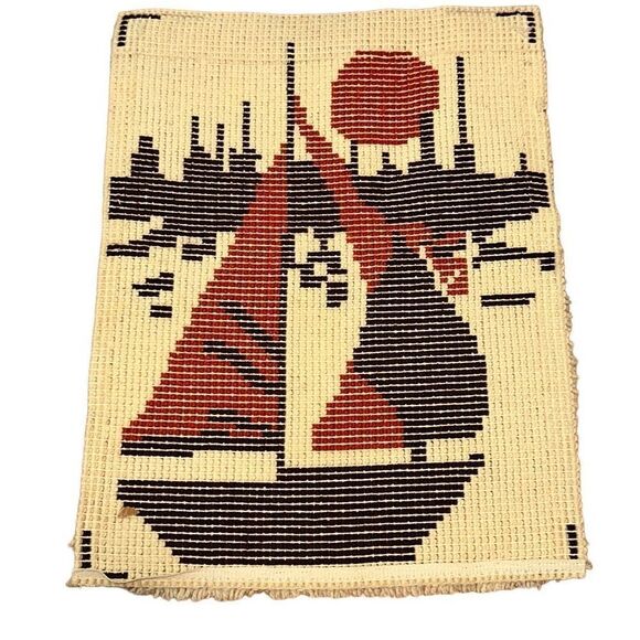 Vintage mid century 70s large ship boat latchhook rug wall hanging 20 x 26 inch - Picture 2 of 5